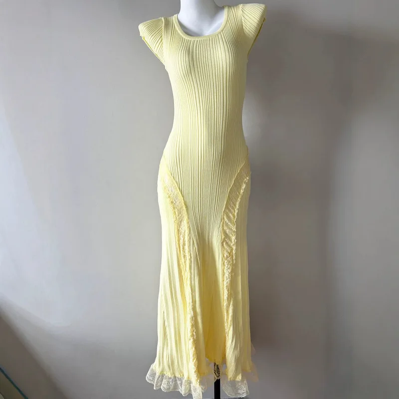 Abito Estivo da Donna Nuovo Stile alla Moda in Maglia a Maniche Corte con Pizzo, Elegante Vestito Lungo Aderente Femminile per Feste e Uso Quotidiano