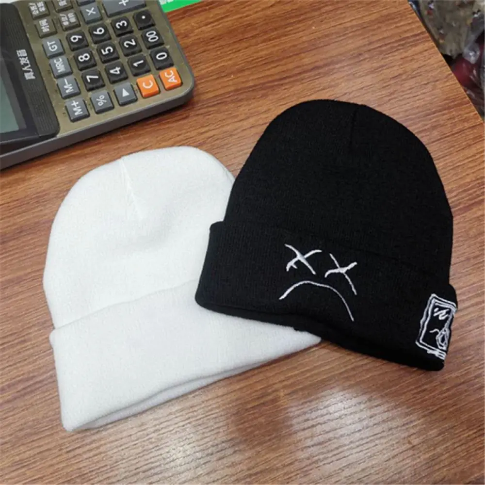 Fashionable Knitted Beanie Hat Embroidered Sad Face Cap Winter Warm Elastic Acrylic Unisex Trendy Skullies Headwear