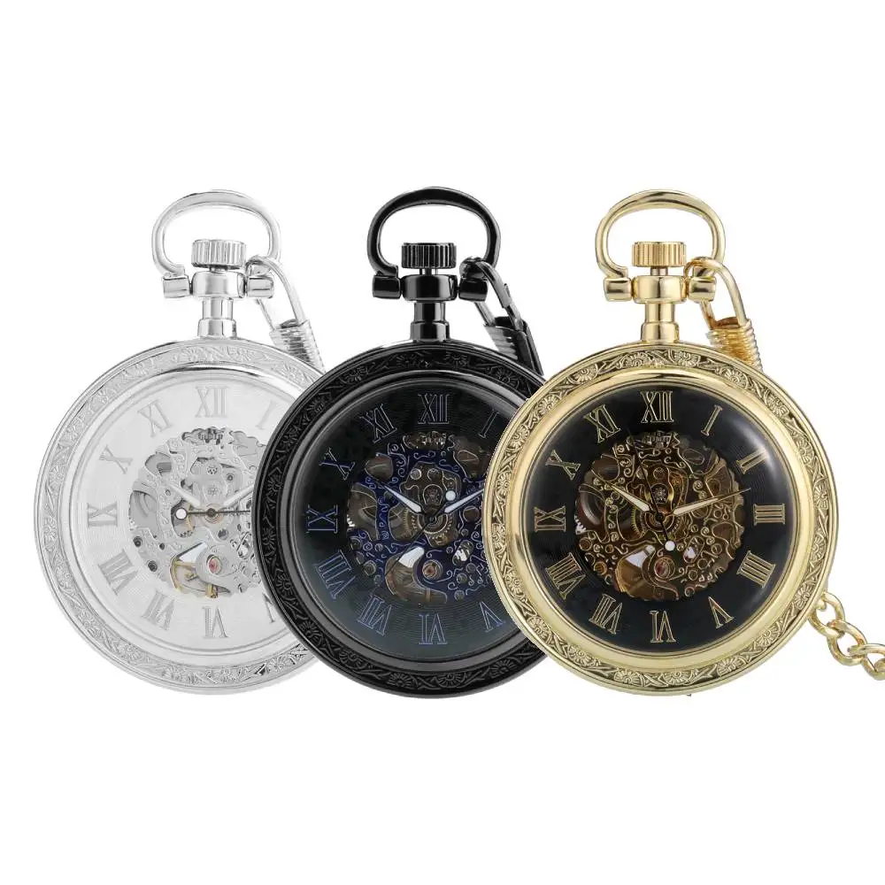 

Классические римские цифры с открытым циферблатом, автоматические механические карманные часы с 30-сантиметровой цепочкой-брелоком, винтажные часы с подвеской, подарок для мужчин