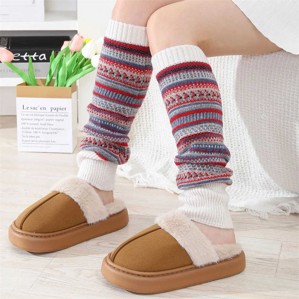 Autumn and Winter Women's Color Blocked Striped Pile Socks Camouflage Bohemian Style Yarn Warm Leg and Knee Pads