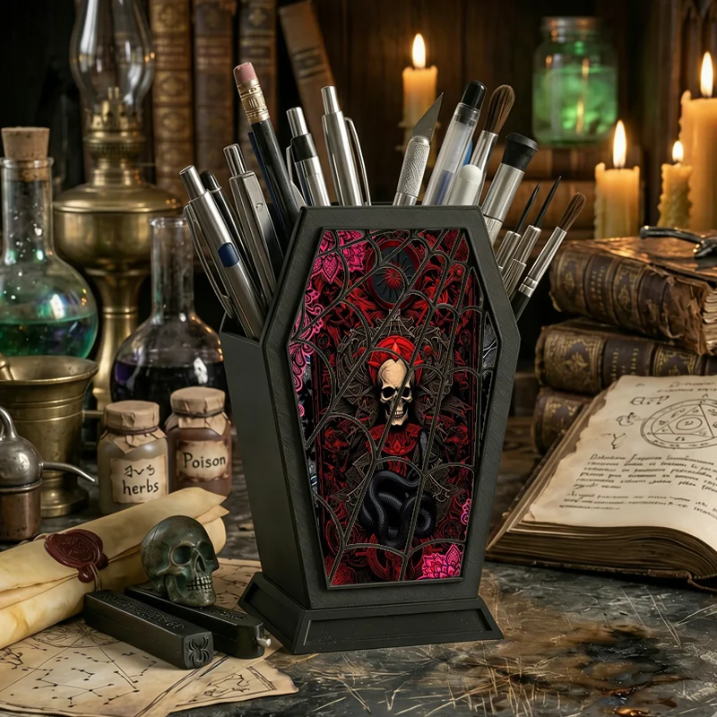 Gothic Coffin Pen Holder Red Skull & Snake Print Makeup Brush Holder Plastic Desktop Organizer for Dark Academia& Stationery 2D