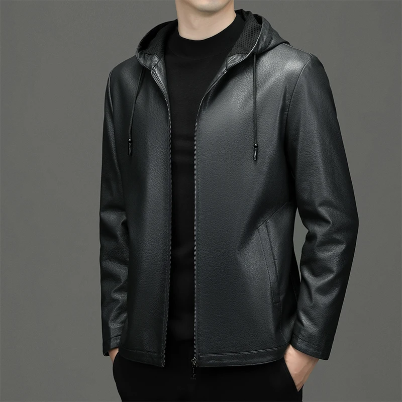 

Fleece-lined Men's PU Leather Zipper Hooded Youth Winter Business Gentleman Menswear Thin Fake Leather Coat