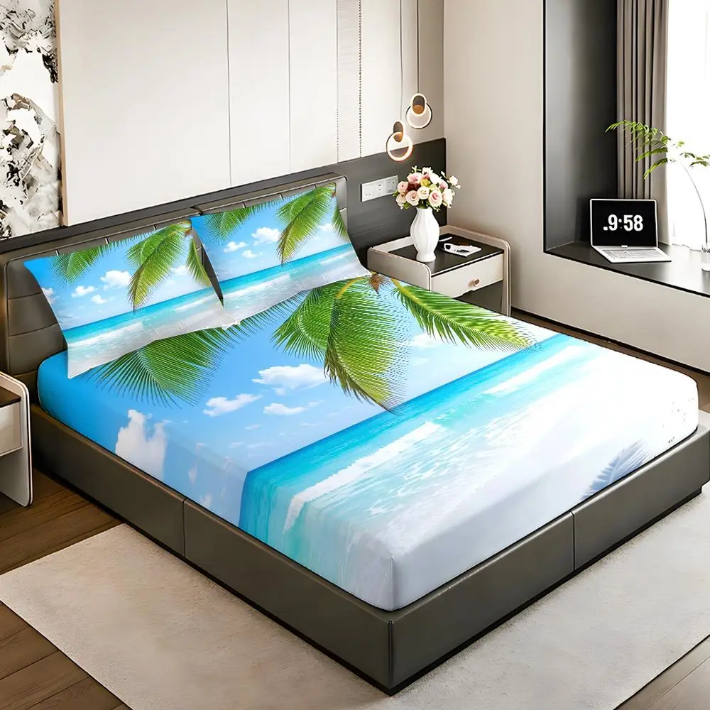 Fitted Sheet Set Three-Piece Bedding Set (Includes 1 Fitted Sheet + 2 Pillowcases) 3-Piece Set, Bedding Mattress Protector, Fitted Elastic Style, Protective Cover, Mattress Protector, Suitable for All Seasons, Machine Washable Design, 3-Piece Tropical Beach Scene Fitted Sheet Set, Queen King Full Size Bedding Set, Palm Trees and Ocean