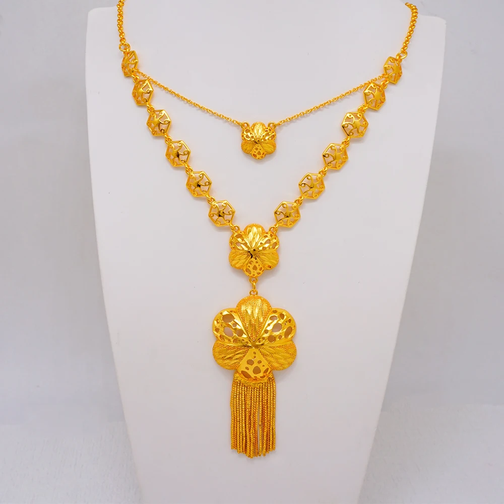 Luxury Copper Dubai Gold Color Flower Long Tassels Necklace Earrings Jewelry Set For Women Ethiopia Wedding De Bijoux Pour Femme