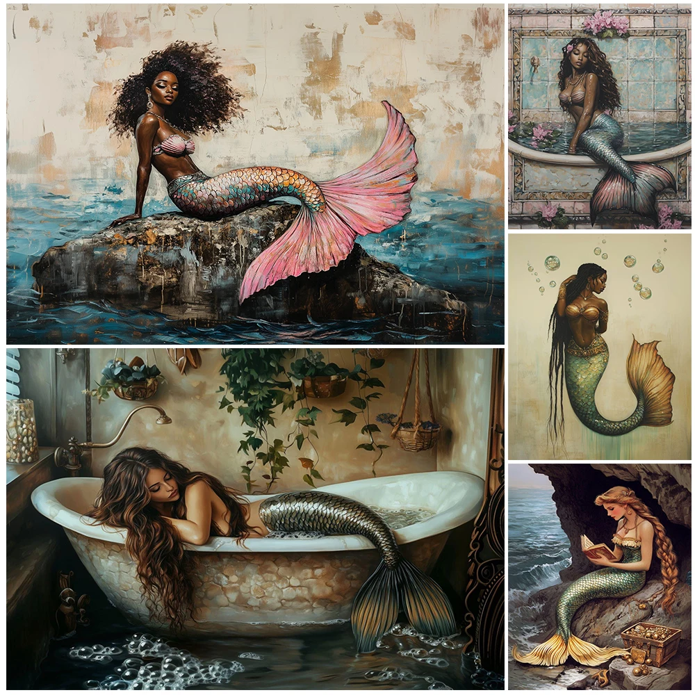 

Mermaid In The Bathtub Abstract Wall Art Canvas Painting,Siren Mythological Creatures Gothic Art Poster And Print Home Decor
