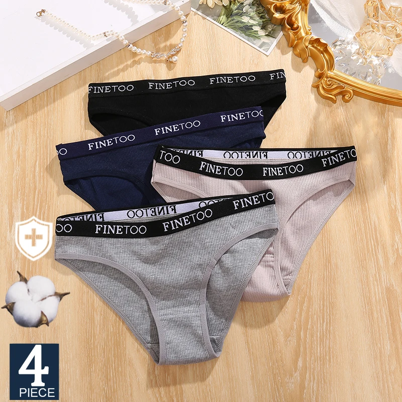 FINETOO 4PCS/Set Women's Cotton Panties Sexy Low Rise Briefs Letter Belt Underwear Female Underpants