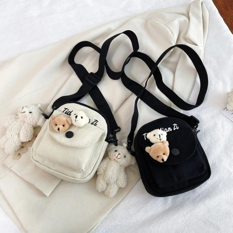 

Fashion Mini Shoulder Messenger Bags Female Simple Street Crossbody Canvas Bag Cute Bear Letter Student Small Bucket Bag