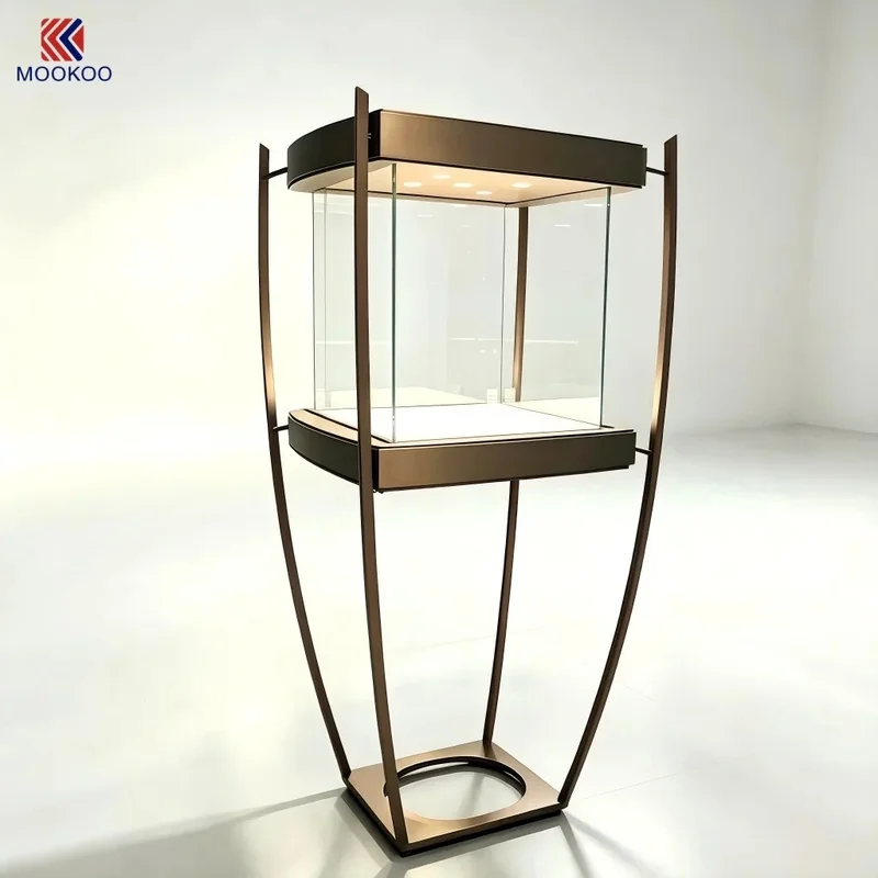 custom.Art Curved Bronze Metal Floor Display Pedestal Tall Glass Showcase Luxury Display Stand Jewelry Watch Boutique Galler