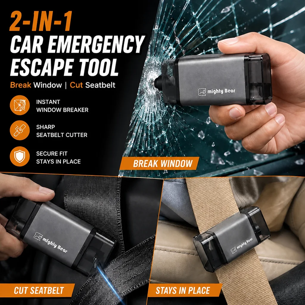 2‑in‑1 Car Emergency Escape Tool, Car Window Breaker with Hidden Seatbelt Cutter, Portable Safety Hammer,Life‑Saving Rescue Tool