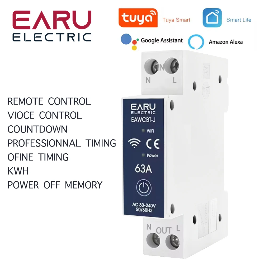 Tuya WiFi Smart Circuit Breaker MCB Timer Relay 1P+N 63A Power Energy kWh Voltage Current Meter Voice Remote Control Switch Home