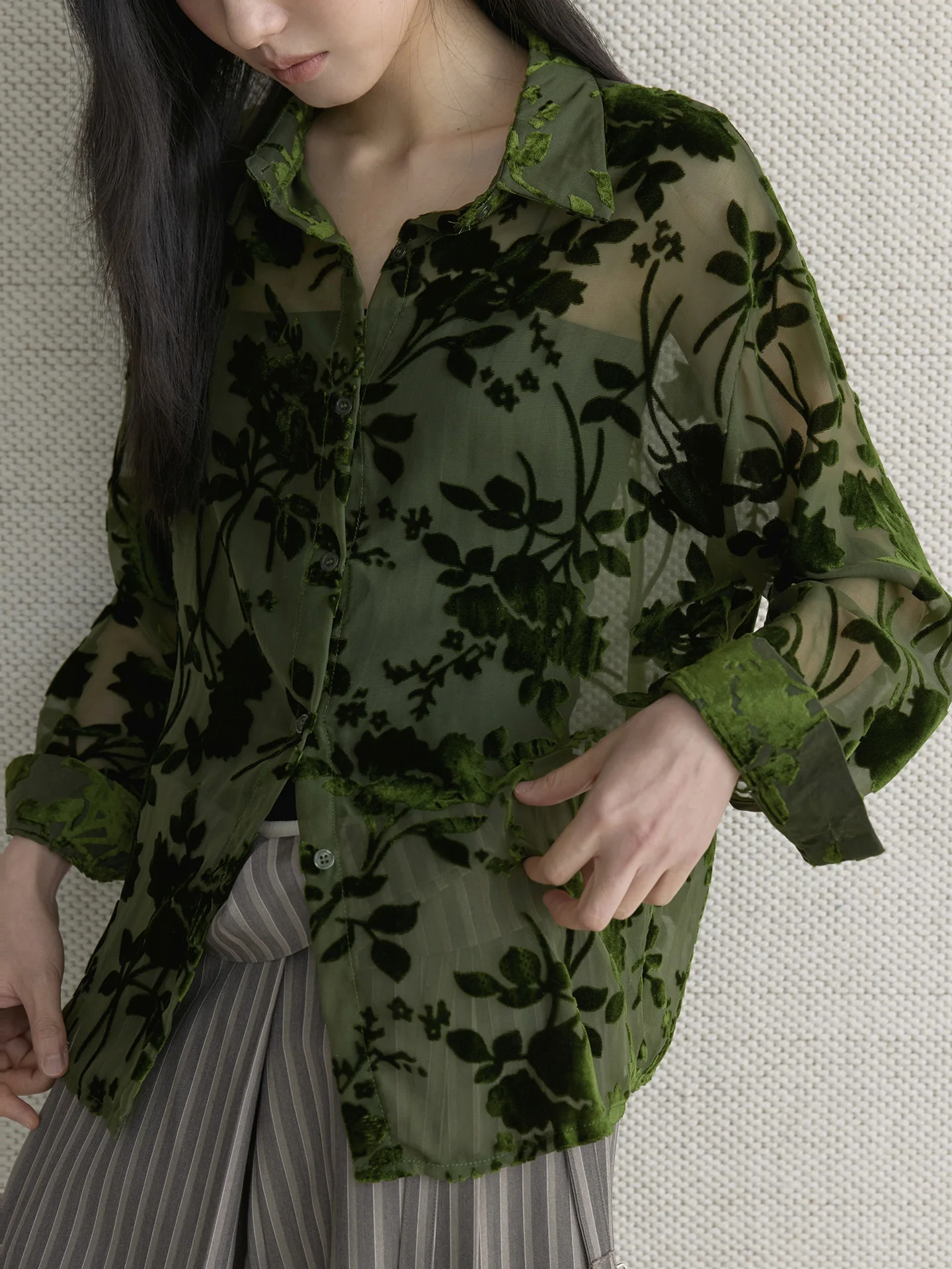 Early Spring New Korean Fresh Forest Plant Printed Transparent Velvet Shirt Soft and Comfortable Top for Women