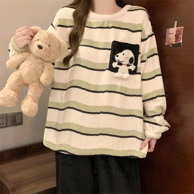 Snoopy Pyjama Dames Herfst En Winter Nieuwe Verdikte Flanel Lange Mouw Leuke Y2K Cartoon Warme Thuis Kleding Set Nachtkleding