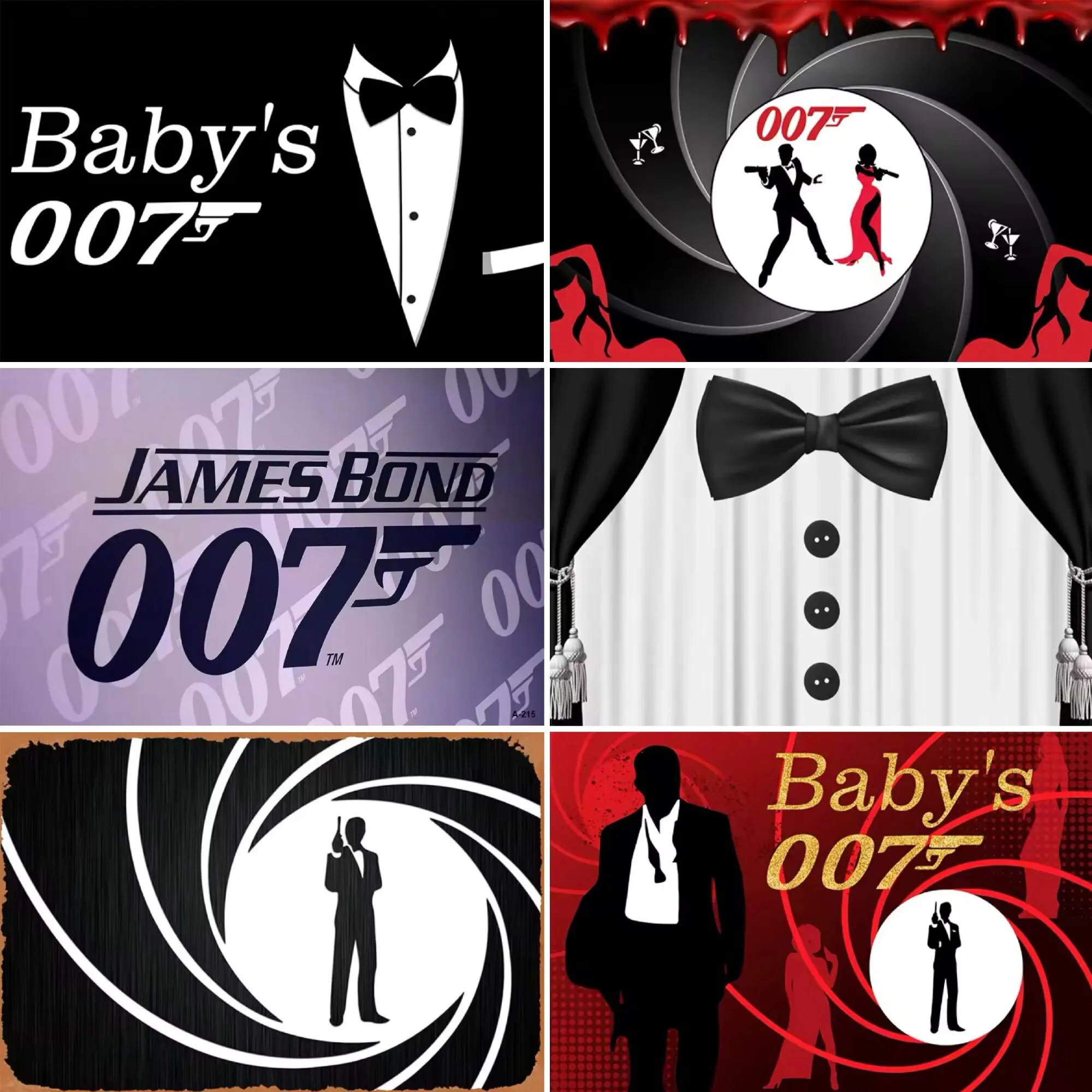 Spy Party Theme Background 007 Black and White Suit Tie Background Children's Birthday Baby Party Agent Gun Hole Decor Banner