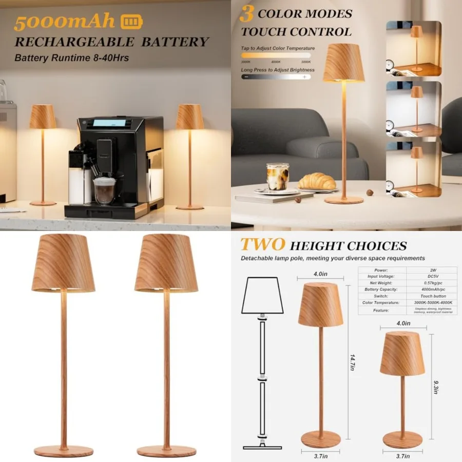 

Cordless Table Lamp Rechargeable - 5000mAH Battery Operated Lamp for Counter, 3 Color Stepless Dimming Wireless Lamp for Dining