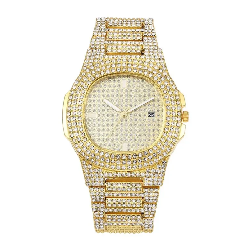 Montre Hip Hop avec Strass Brillants pour Homme, Horloge de Luxe Cool, Ceinture en Acier Glacé, Design Sky Star