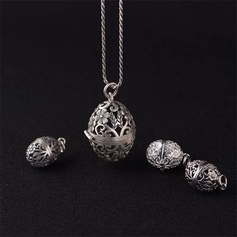 

1Piece Openable Thai Silver Flower Ball Pendants Hollow Women Vintage Ethnic 925 Silver Sachet Necklaces Photo Folder NO Chain