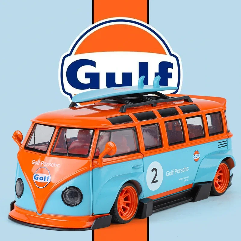 

1:24 32 Volkswagen T1 Bus Gulf Oil Martini Low Ride Широкий модифицированный сплав Металлическая литая под давлением модель автомобиля Звук и свет Хобби Подарки для мальчика