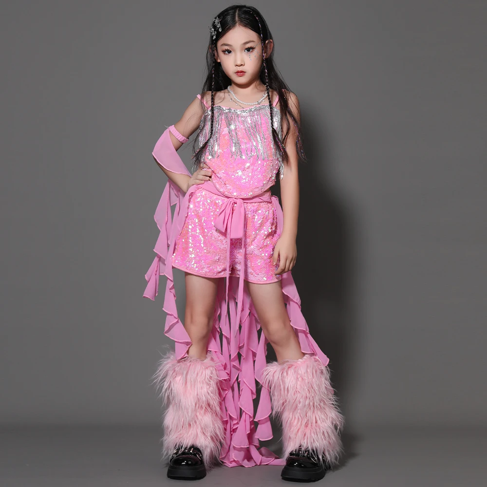 جديد الفتيات أداء K-pop وتتسابق الوردي الترتر أعلى السراويل الجاز أزياء رقص المرحلة الهذيان الدعاوى الاطفال الشارع ارتداء XS10493