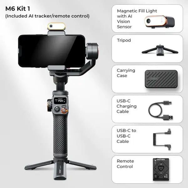Hohem-iSteady M6 Kit Gimbal for Smartphone, 3-Axis Gimbal, AI