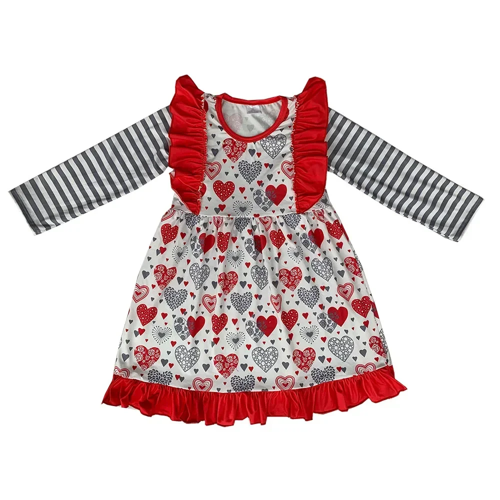 

Wholesale Baby Girl Striped long sleeves Valentine's Twirl Dress Heart printed Kid Children Infant Toddler Clothes