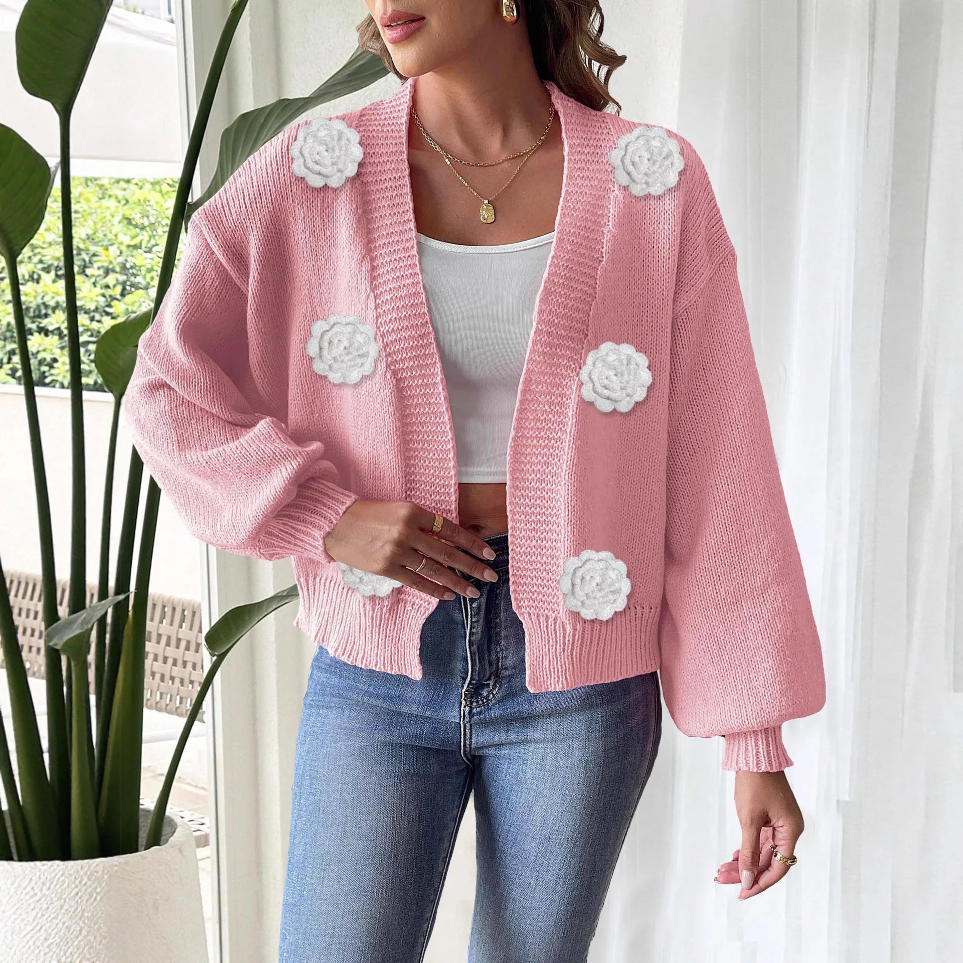 Women's Open Cardigan 3D Hand Hooked Flower Splicing Sweater Jacket Autumn Winter New Style European And American Fashion