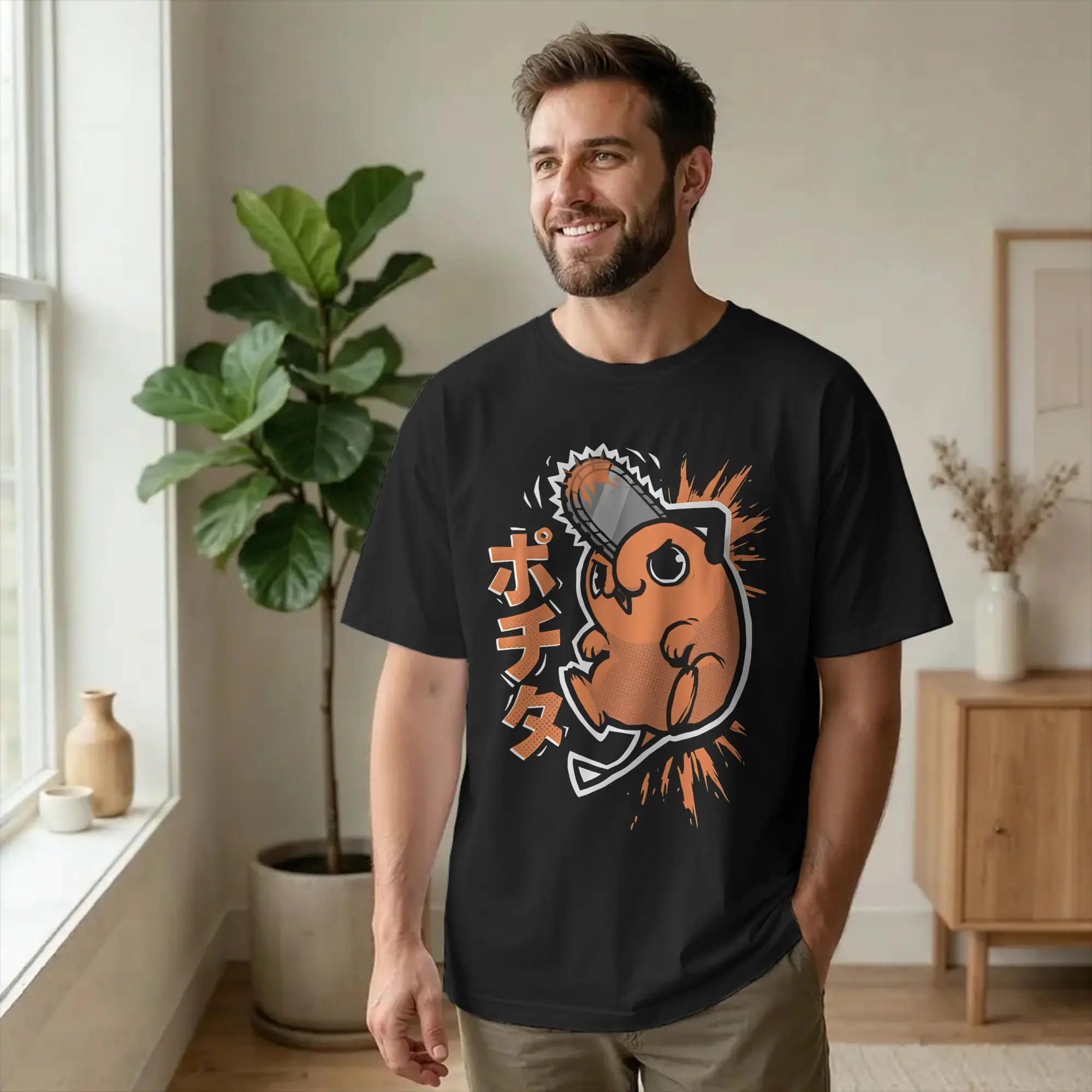 Vintage Chainsaws Man Pochita T Shirt Men's Cotton Short Sleeve Anime Cartoon Round Neck Summer TopsTops