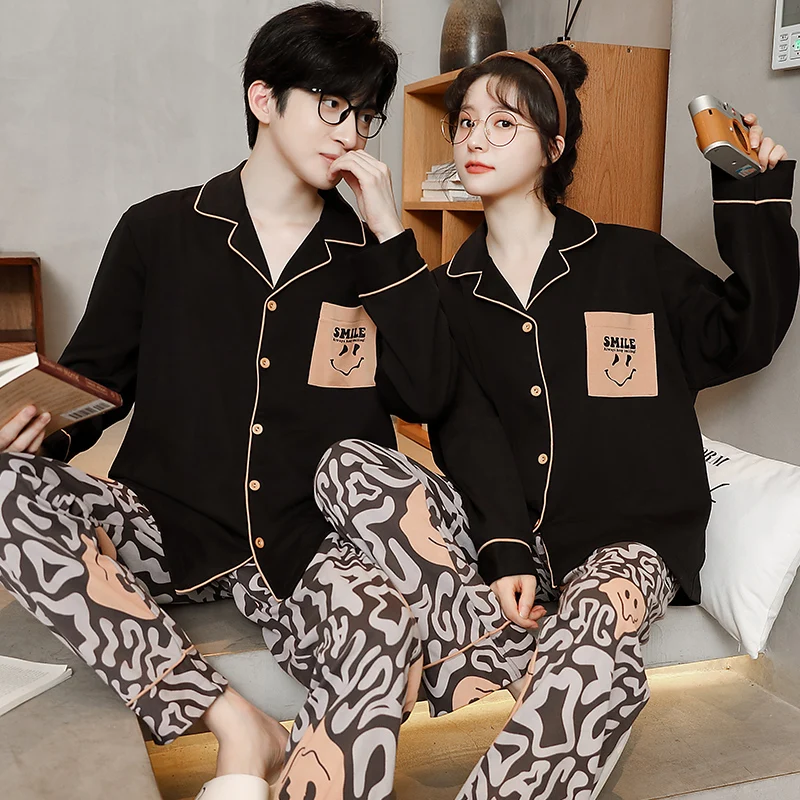 Couple style home clothing men's cardigan black top+leopard print pants women's pajamas all cotton spring and autumn M-4XL