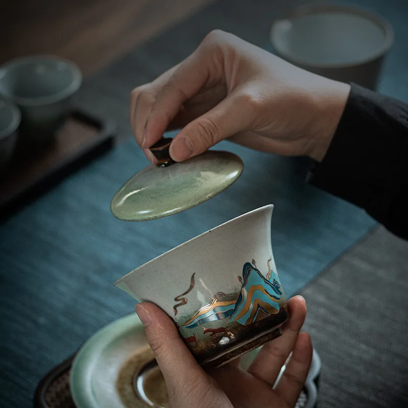 Loiesag 140ml Stone Celadon Glaze Blessed Mountain Cover Bowl Japanese Antique Ceramic Sancai Gaiwan Tea Cup Tea Bowl Tea Set