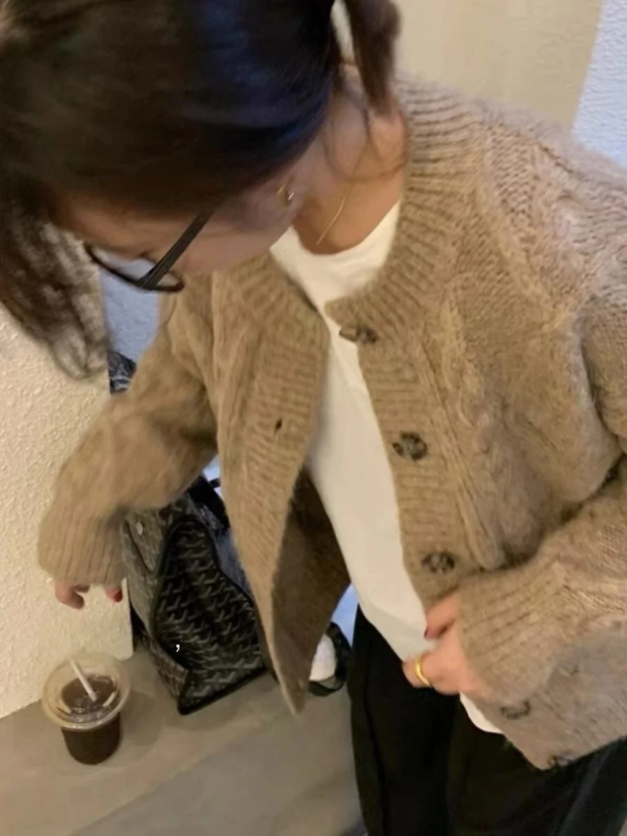 

Anita Heavy Industry Loose Knitted Sweater Coat Small Wave Collar Button up Long Sve V Ne Regular Thin Autumn Winter