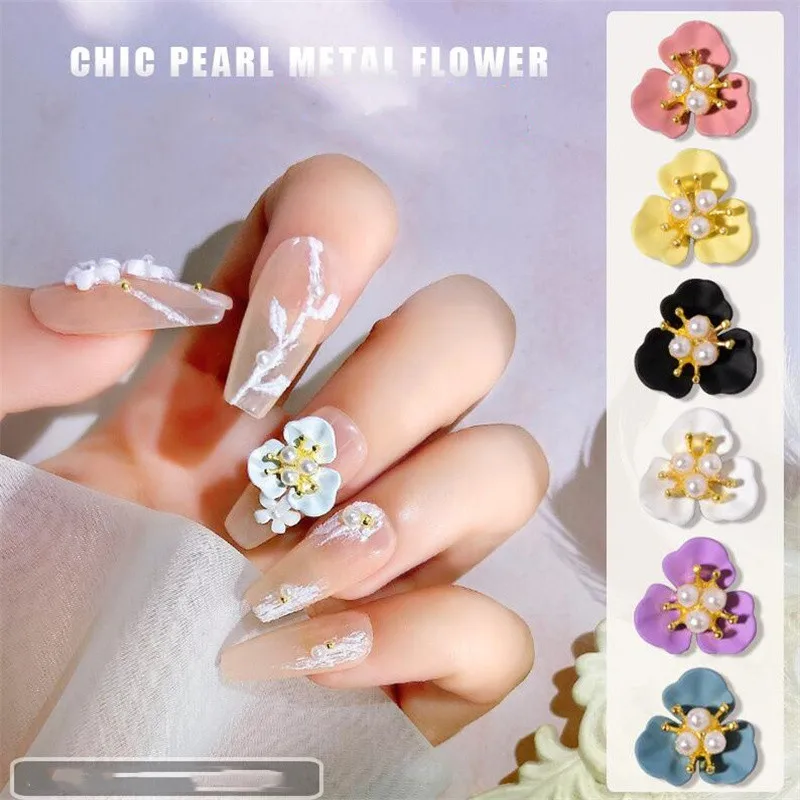 10Pcs/Lot Pearl Petal Flower Nail Art Charms Metal Alloy 3-Petal Bloom Jewelry Press on Nails 11.5mm Floral Manicure Accessories