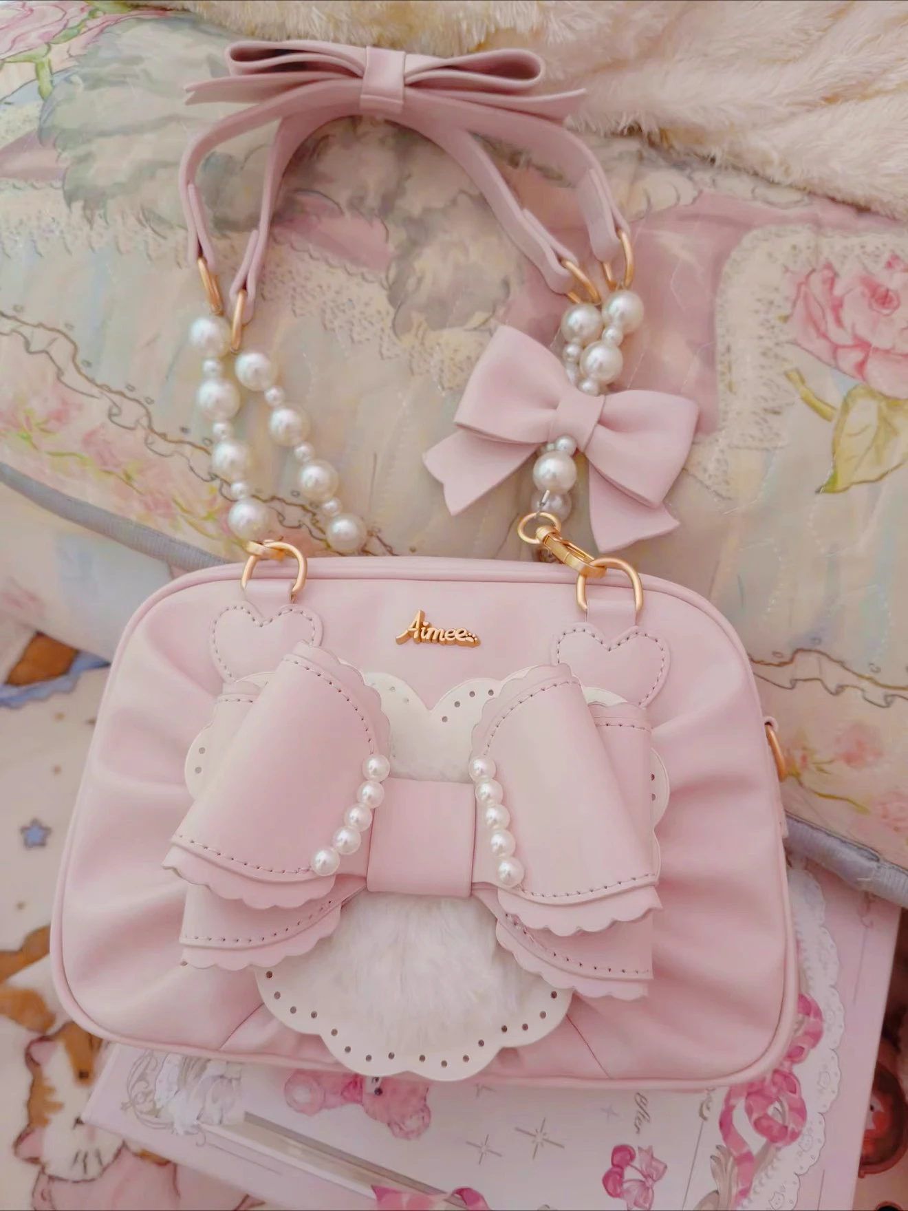 

Японская оригинальная милая розовая сумка-кроссбоди в стиле Лолита с бантом и жемчугом, мягкая, в стиле кавай, для женщин