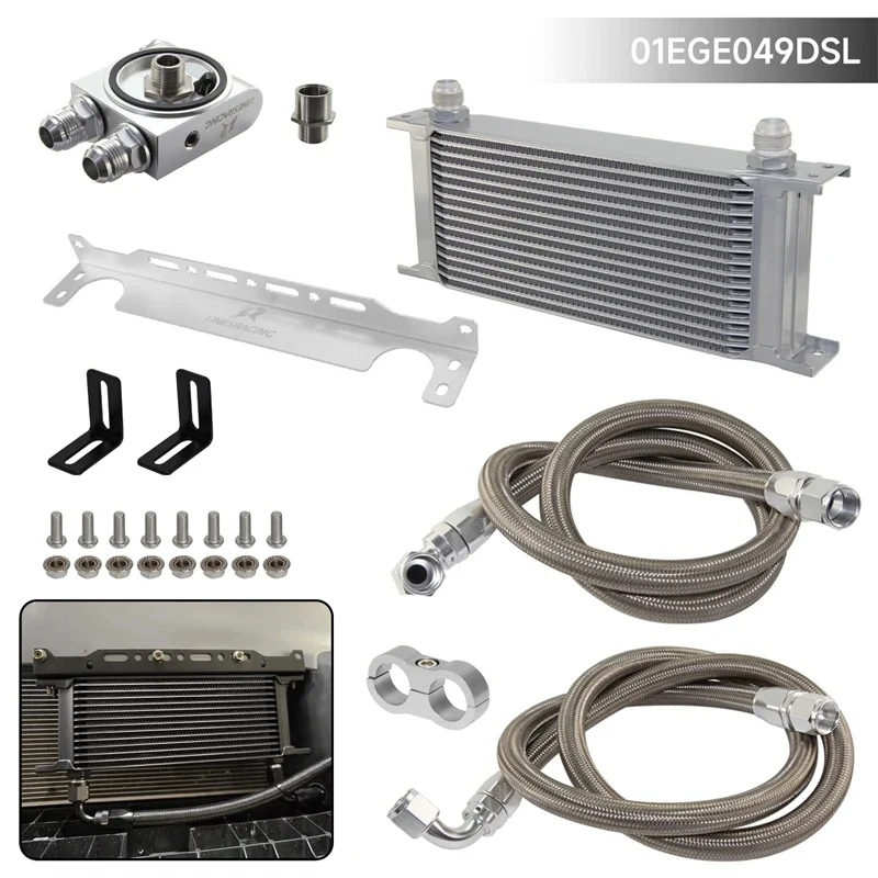 

15/16 Row Oil Cooler Kit +73±0.5° Thermostatic Universal Mounting Brackets Kit AN10 7/8"-14 UNF And 1/8" NPT Aluminum Silver