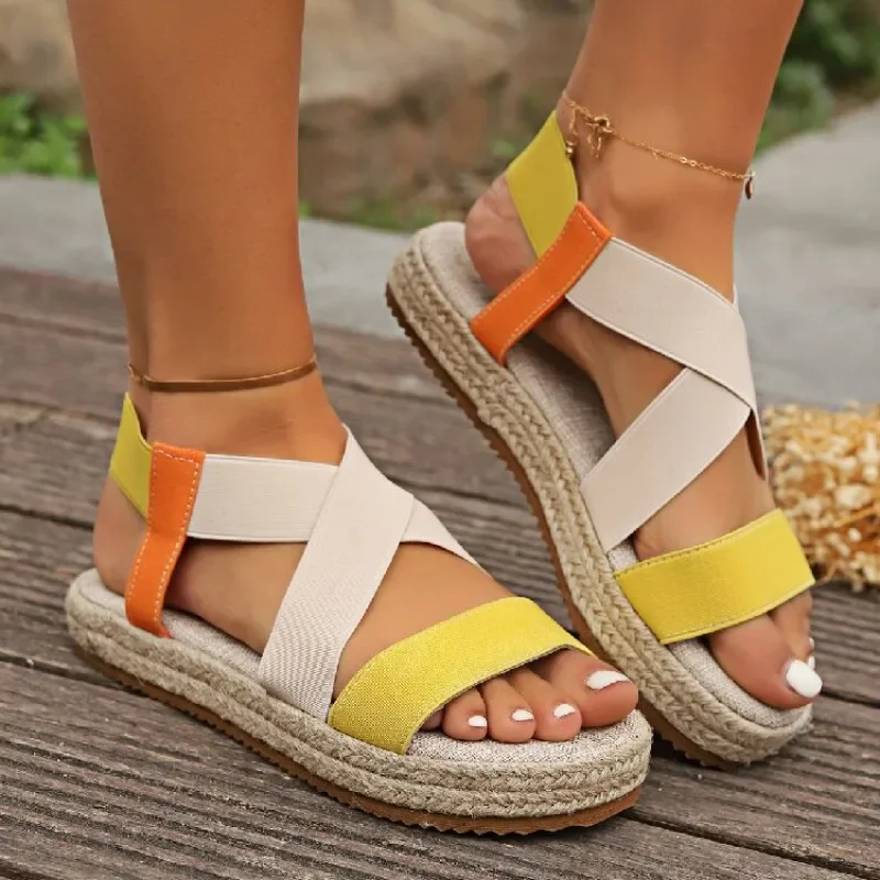 Large size hemp rope bottom elastic sleeve casual sandals for women 2024 new cross shaped Roman sandals