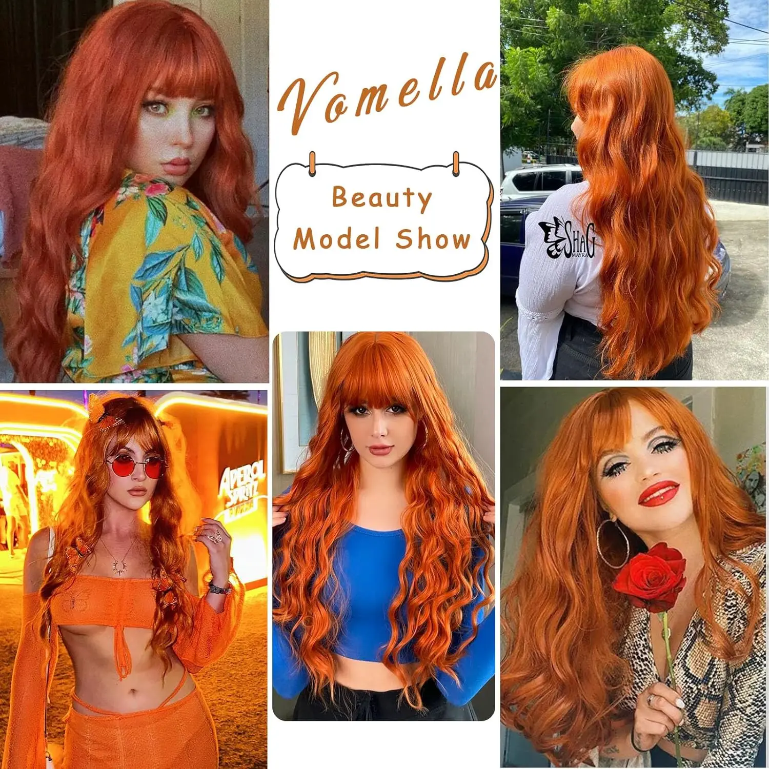 Orange Wigs with Bangs 26 Inch Long Orange Curly Wavy Wigs Wear for Women Looking Synthetic Heat Resistant Wig for Party Use