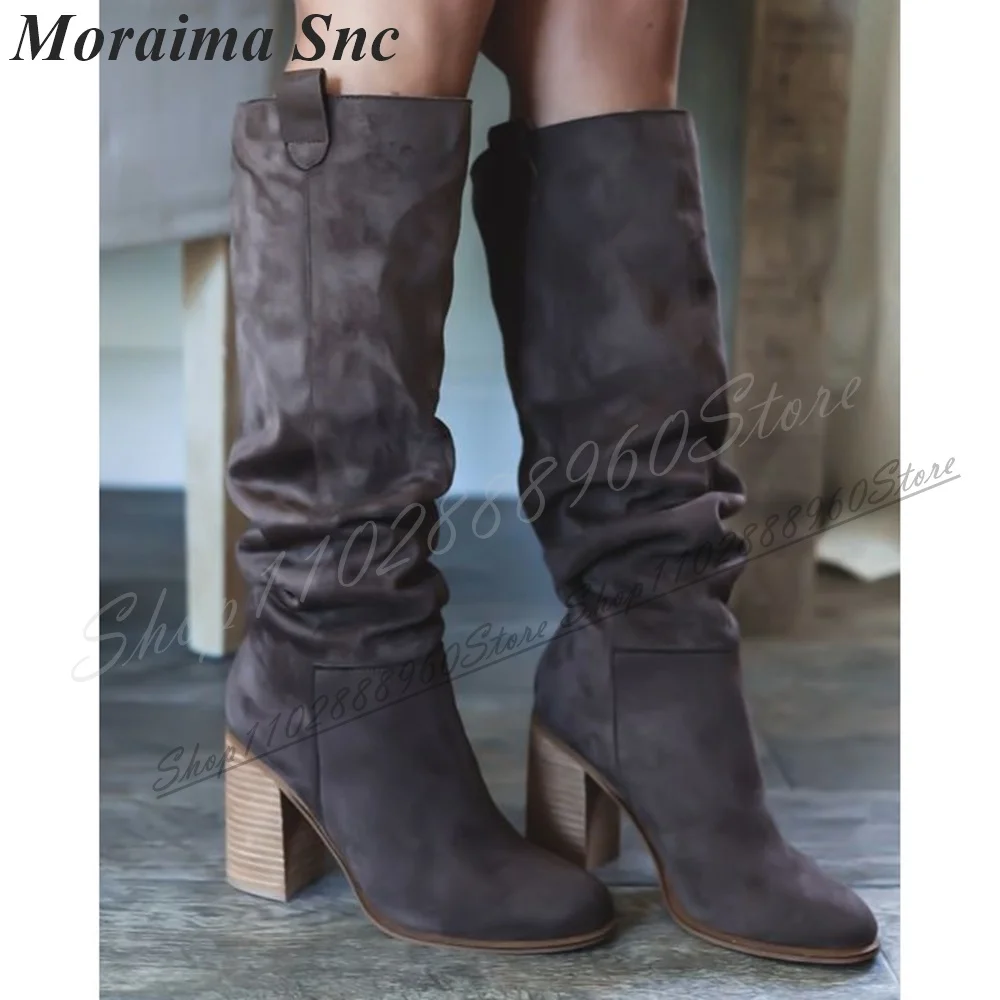 

Trendy Knee High Plus Size Western Boots Chunky High Heel Shoes For Women Slip On Round Toe 2025 Fashionable Zapatos Para Mujere