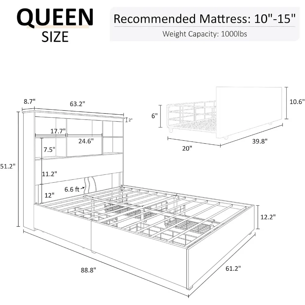 Queen Size Bed Frame Wooden Platform Bed with LED Storage Bookcase Headboard, 4 Storage Drawers & Charging Station,Bed Bases