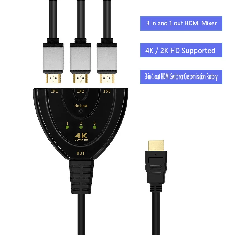 10個入り HDMI 3入力1出力 4K HDTVビデオケーブルスイッチャー 8Kスプリッター フルHDピグテールケーブル 3ポートセレクター USB出力コンバーター