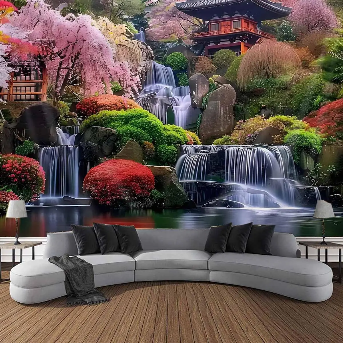 Природный японский эстетический гобелен с розовыми цветами вишни, изображающий горы, водопад, реку, весеннюю страну чудес, азиатское искусство
