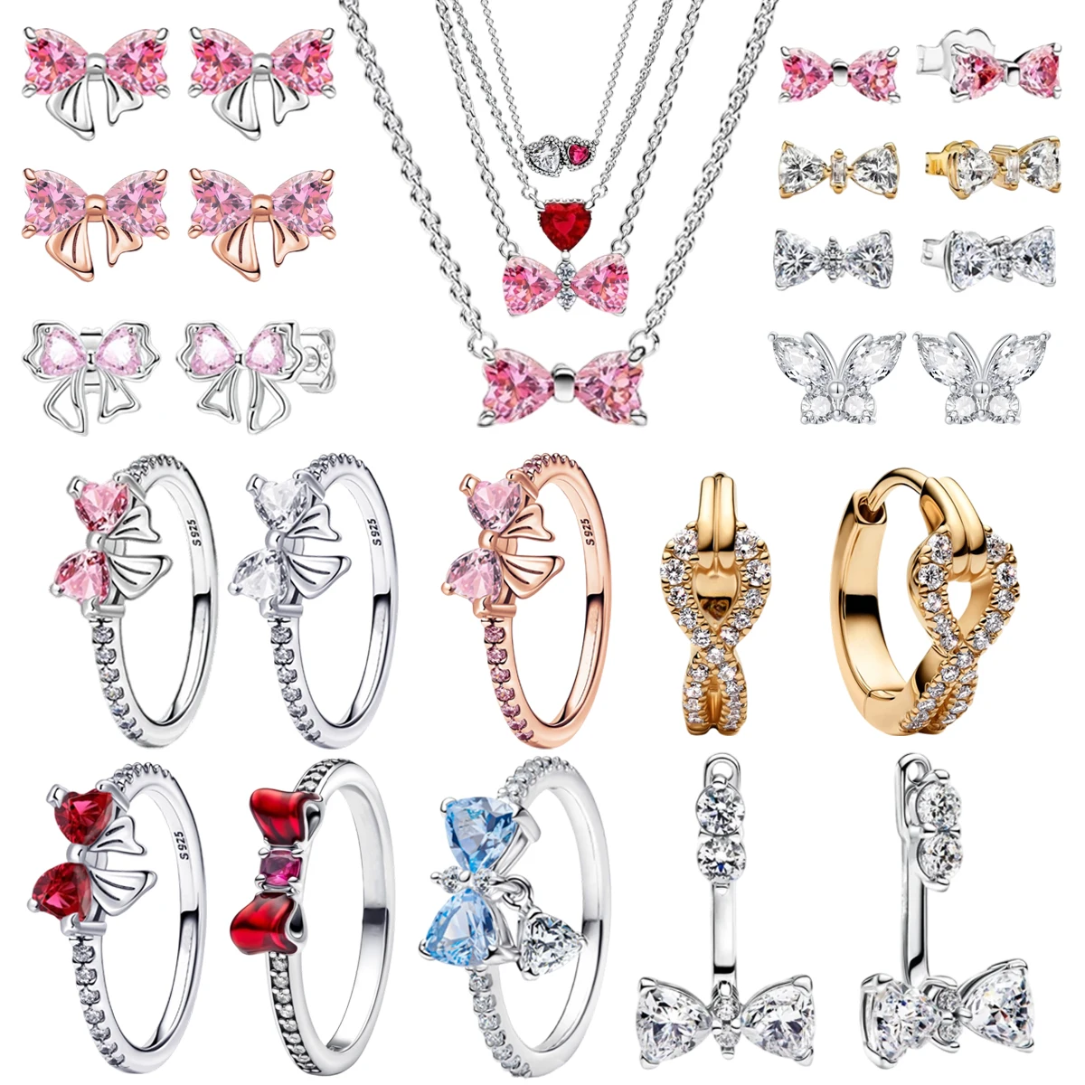 

Colorful Bow Tie Heart Set Ring Earrings Necklace 925 Sterling Silver Zircon Shining Ring Original DIY Women Fine Jewelry Gift