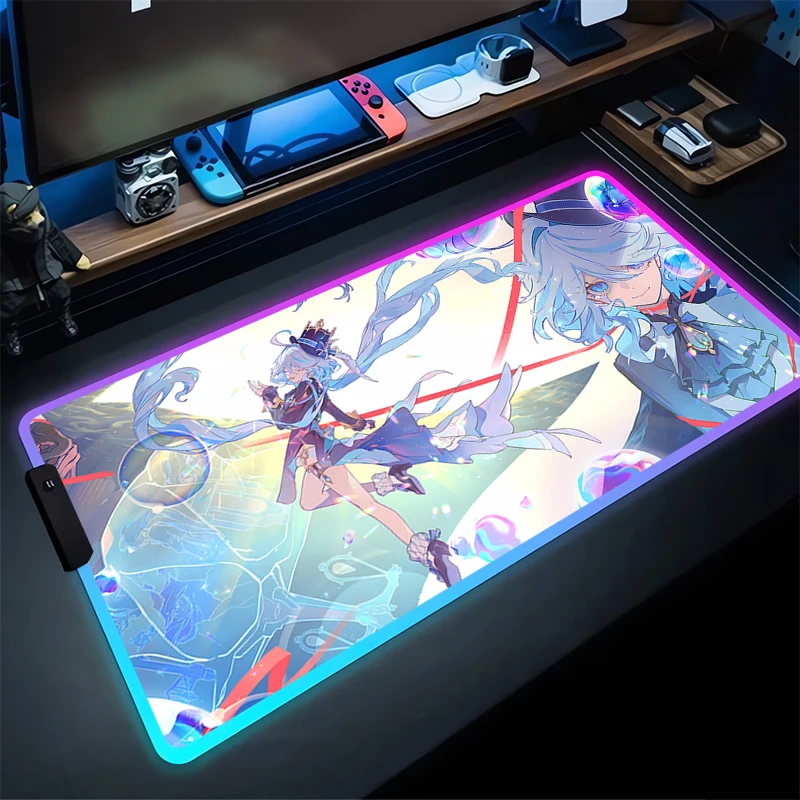 RGB Mouse Pad Furina G-Genshin Impact Non-Slip Rubber Edge locking mousepads Game play mats notebook computer With Backlit game