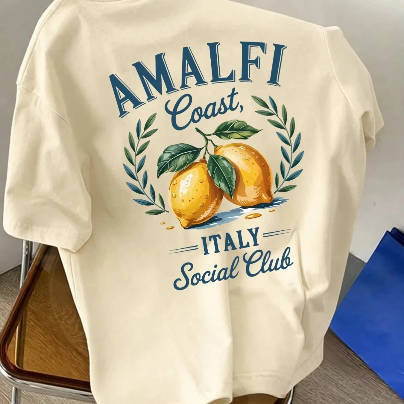 100_ Cotton Men's T-Shirt _Amalfi Coast Social Club_ Italian Lemon Pattern Men's Casual Vacation Top oversized t shirt