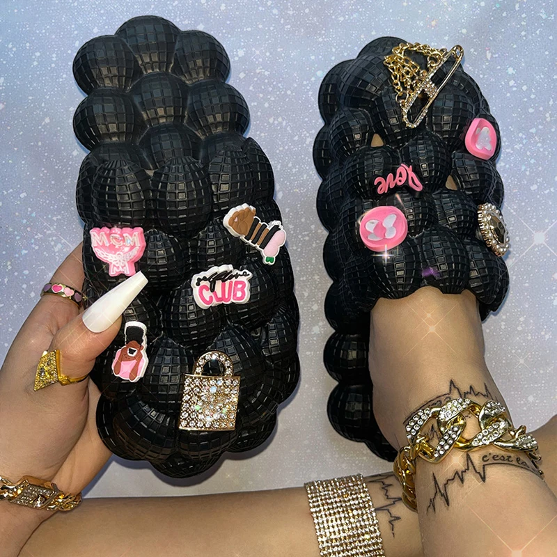 Summer Slides For Women Indoor Slippers Bubble Slides Massage Litchi Sandals With Charms Girl Thick Sole Massage Slippers