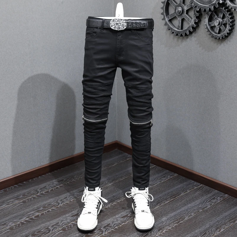 Street Fashion Men Jeans Preto Elastic Stretch Skinny Jeans Rasgado Homens Zipper Emendado Designer Hip Hop Denim Calças Punk Hombre