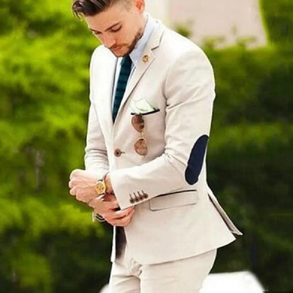 

Beige Suit Men Wedding Suits For Men Elbow Patches Business Casual Groom Wear Tuxedo Slim Fit Male Blazers 2Pieces Jacket Pants