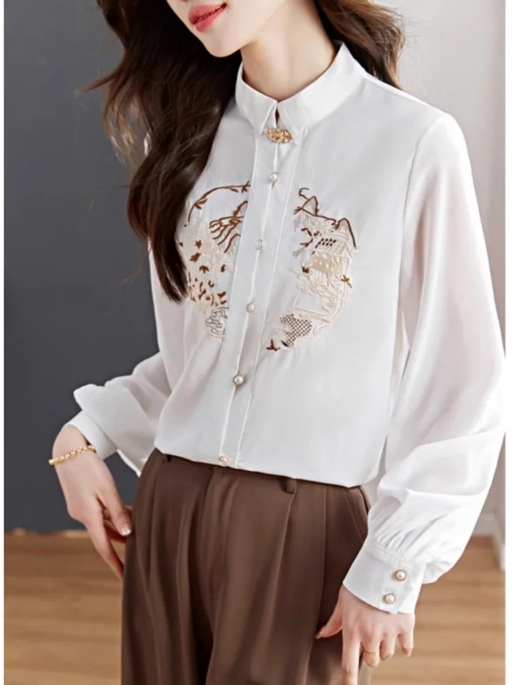 #3201 White Long Sleeve Shirts Women Embroidery Chinese Style Vintage Loose Stand Collar Womens Tops And Blouses Pearl Buttons