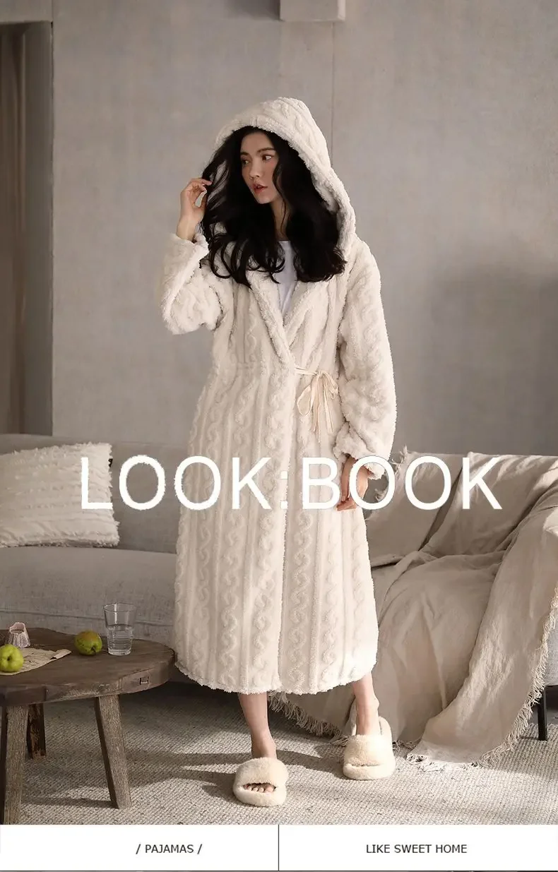 Long Style Coral Fleece Thickening Type Hooded Pajamas Bathrobe Can Be Worn Outside New Style Night Gown Woman Autumn and Winter