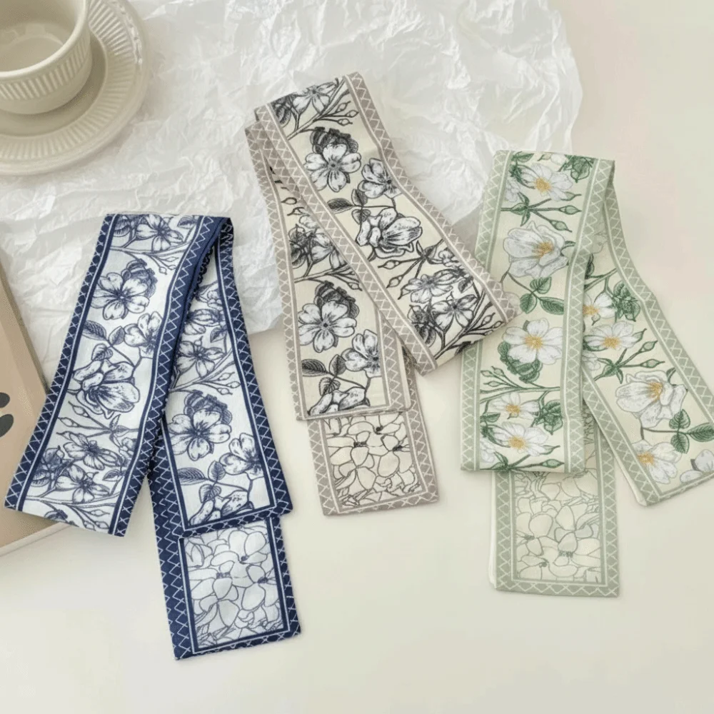 Versatile 90×7cm Silk Scarf Elegant Retro Skinny Scarf Floral Pattern Double Sided Narrow Scarf for Women