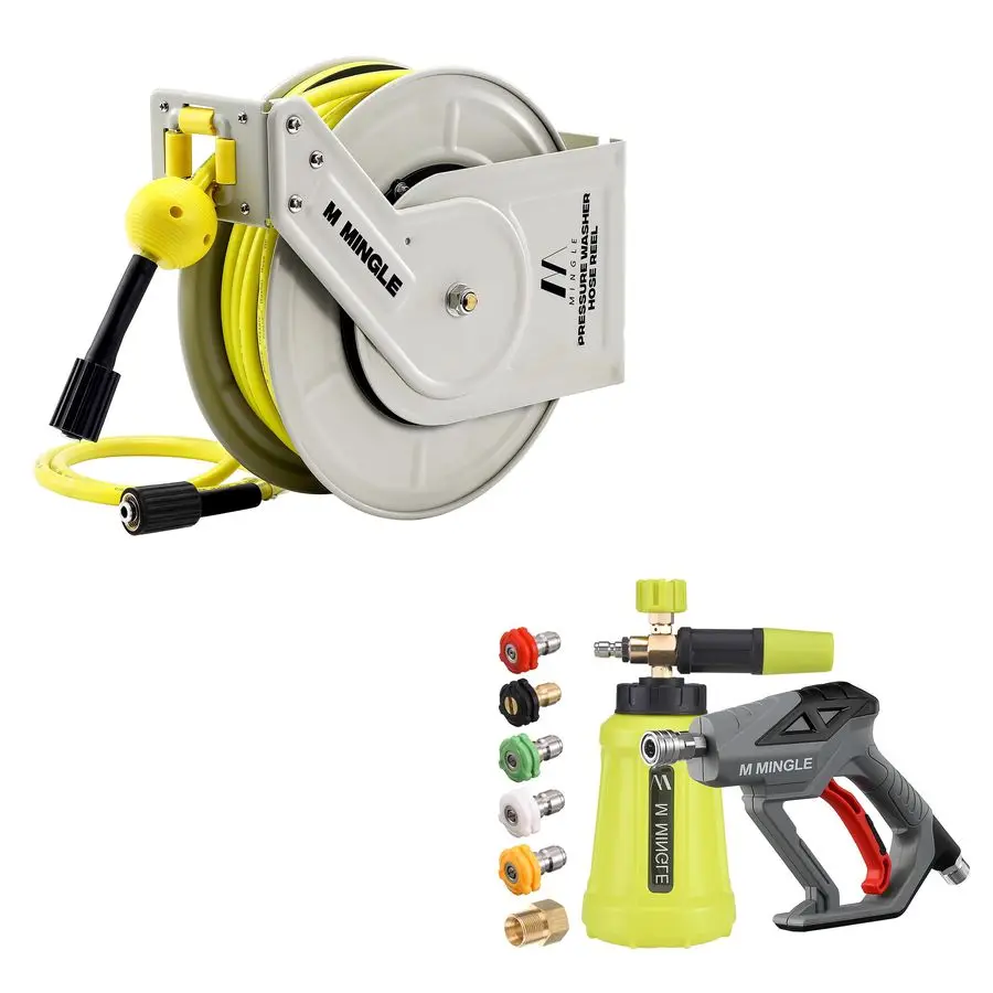 

MINGLE Retractable Pressure Washer Hose Reel, High Pressure Washer Gun Snow Foam Lance