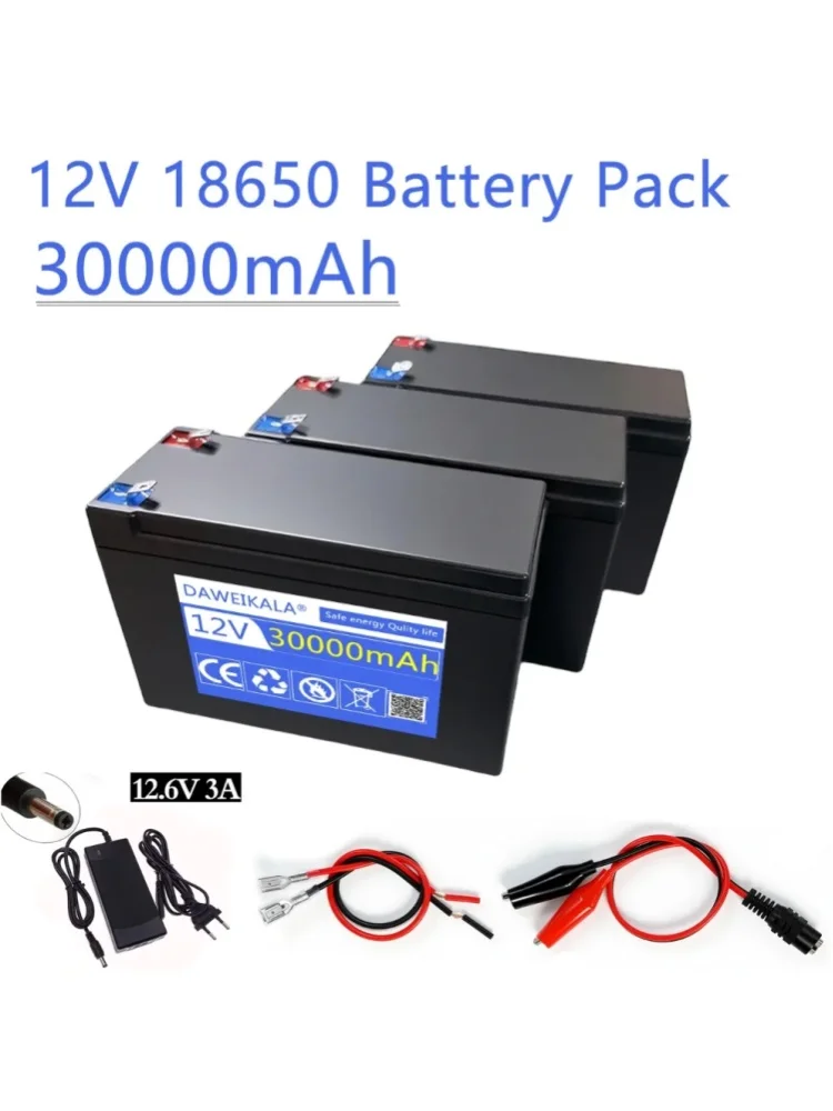 12-V-Batterie, 30 Ah, 18650, wiederaufladbare LiFePO4-Lithiumbatterie, integriertes 20-A-BMS für Kinder, Elektroauto, Spielzeugauto, Motorrad, Kinderwagen, Batterie, LED-Licht für den Außenbereich,