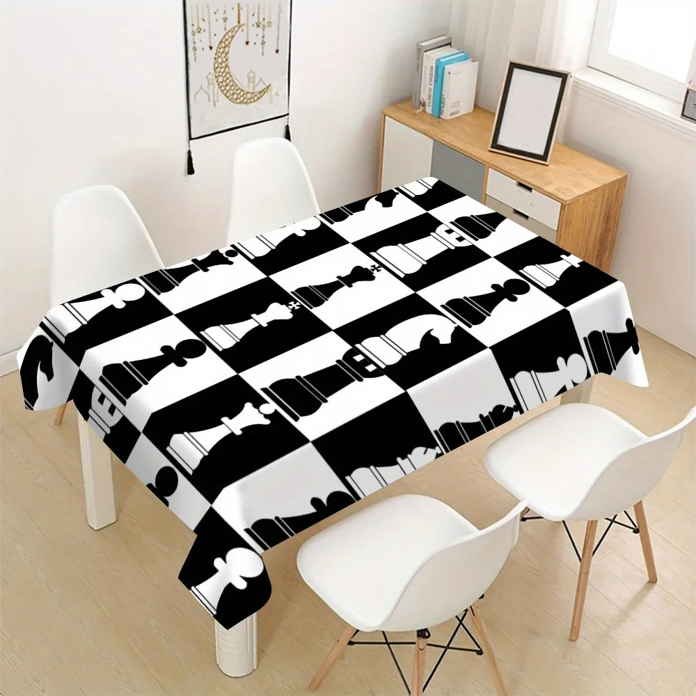 Monochrome Black White Chessman Checkerboard Tablecloth Waterproof Table Cover for Chess Game Night Party Picnic Home Decor Gift